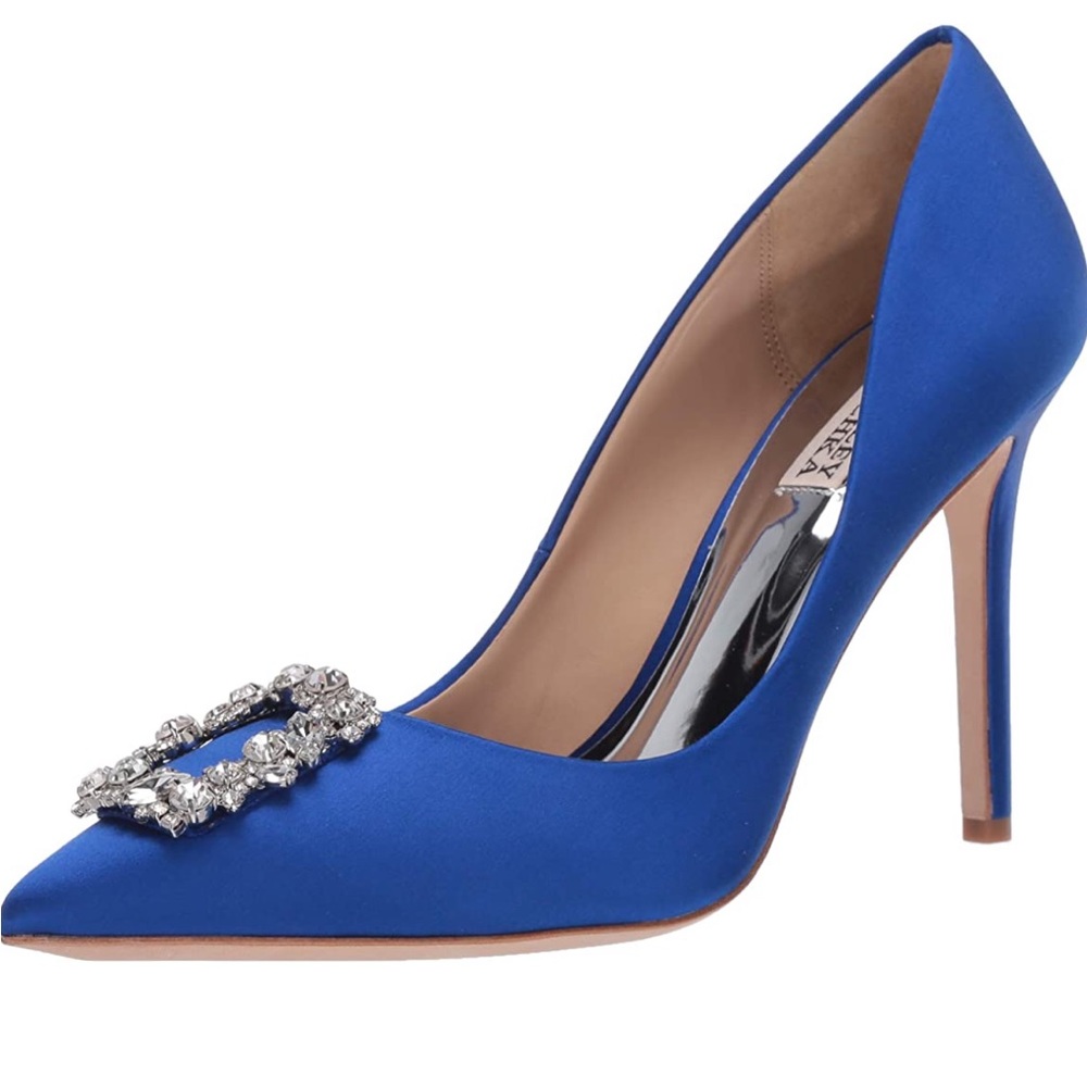 Badgley Mischka Cher Satin Buckle Cocktail
High-Heel Pumps in blue